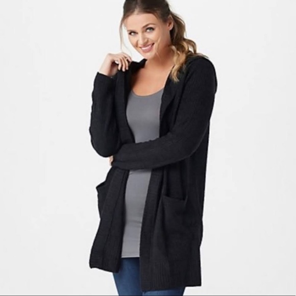 Barefoot Dreams CozyChic Lite Hooded Cardi in Black - Picture 1 of 6